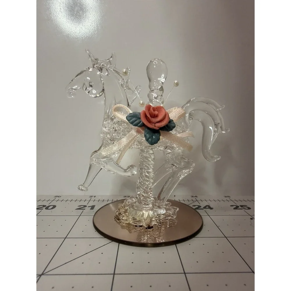 Vintage Spun Glass Carousel Horse Figurine Mirrored Base Rose Bow In Box